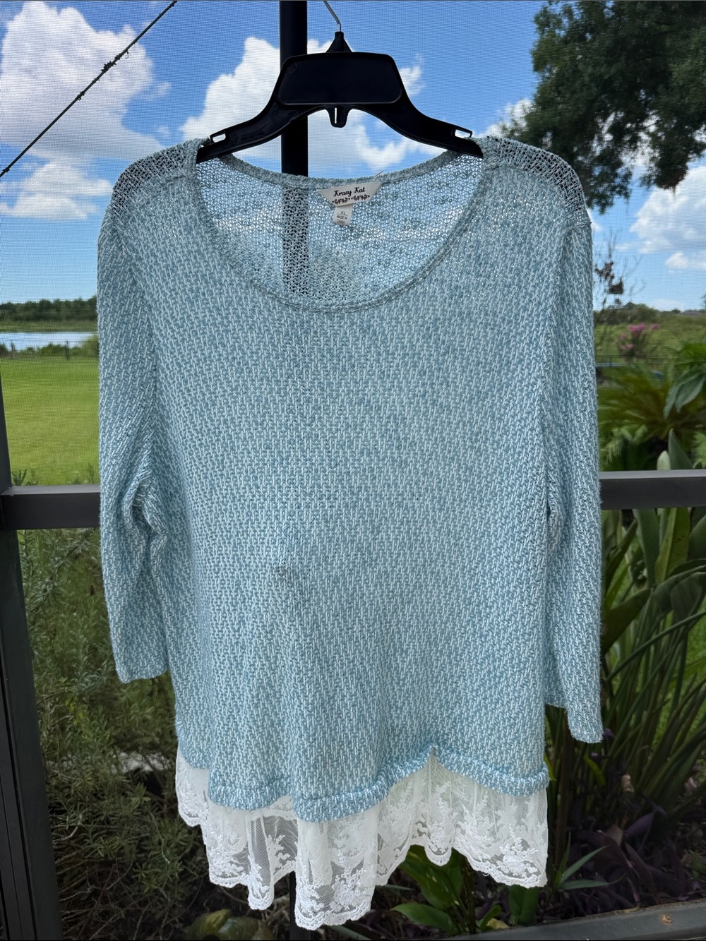 krazy kat Teal Blue Scoop Neck light weight Knit Sweater with White Lace Trim
